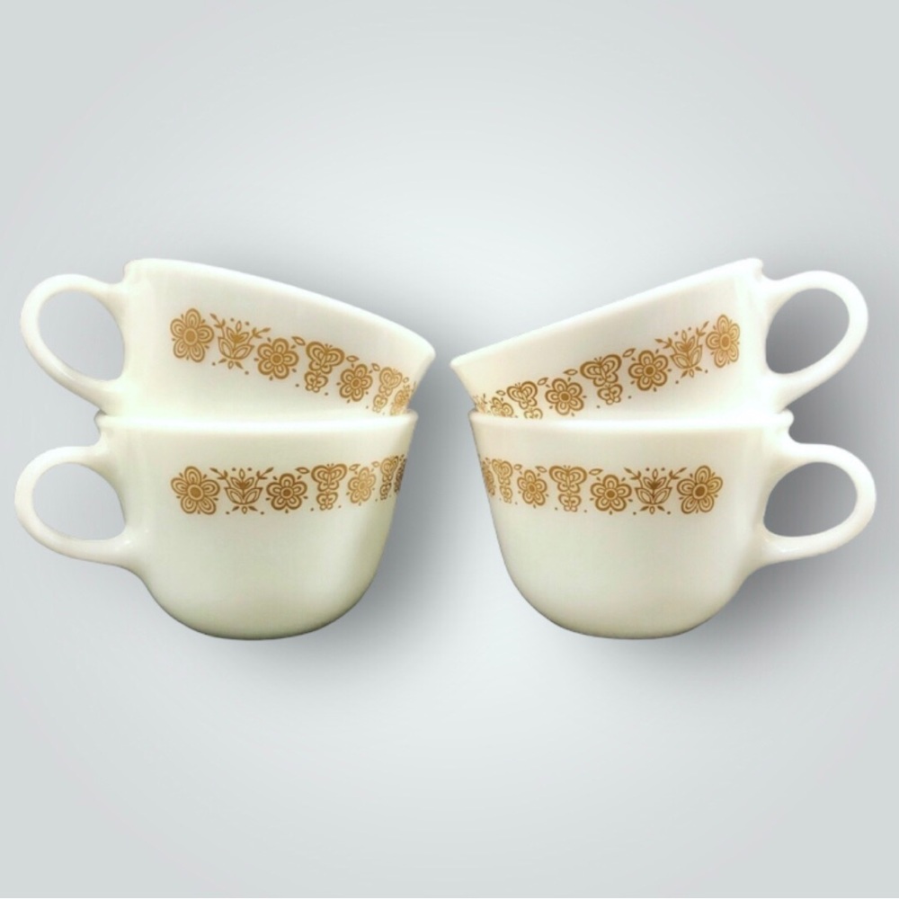 Vintage Pyrex Milk Glass Butterfly Gold Cup Set 4